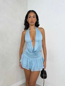 SHEIN Glamour Blue Color Halter Neck Sexy V-Neck Backless Sleeveless Asymmetrical Mini Skirt Two-Piece Set,Holiday Party Carnival Outfit,Streetwear,Women's Club Outfit,Date Night Outfit,Women's Birthday Outfit,High-End Elegant Style,Party Essential,Vintage Style,Urban Comfort Style,Street Style - Blue - View 4