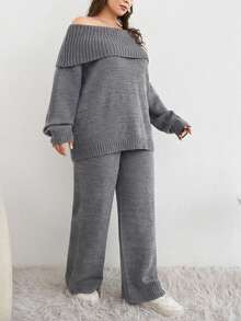 Plus Size Solid Foldover Off Shoulder Sweater & Knit Pants Set - Light Grey - View 3