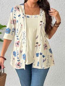 EMERY ROSE Summer Women's Floral Leaf Printed Patchwork 2 In 1 T-Shirt Graphic Tees Women Tops - Apricot - View 1