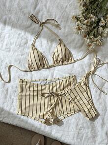 Swim Mod Women's Summer Beach Striped Halter Tie Sexy Bikini Swimsuit Set - Multicolor - View 2