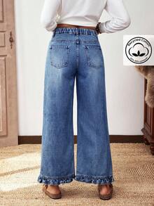EMERY ROSE Plus Size Women Street Casual Comfortable Mid-Blue Non-Stretch Ruffle Hem Straight Leg Jeans - Medium Wash - View 2
