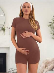 SHEIN 孕妇纯色圆领短袖休闲连体裤 - 咖啡棕 - 查看 4