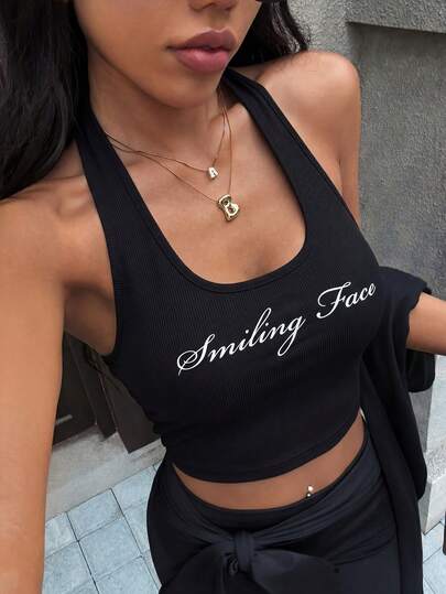 Dewbera Sexy Sporty Graphic Letter Print Halter Crop Top, Backless Short Fitness & Casual Wear
