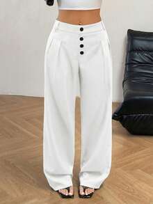 SHEIN Unity Women's Button Front Pleated Wide Leg Loose Pants - White - View 6