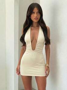 SHEIN BAE 纯色浅黄色深U领露背迷你针织连衣裙，适合春夏海滩度假，简约优雅针织半身裙 - 淡黃色 - 查看 5