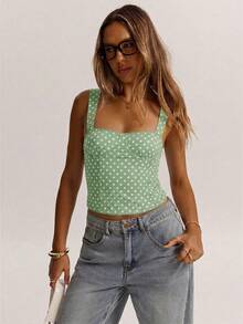 SHEIN BAE Parte superior de camisola elegante con lunares negros para fiesta de cumpleaños, fiesta de novias, cita, uso diario y casual, corset lindo y sexy, tops de corset, tops de verano, tops lindos para mujer - verde menta - Ver 3