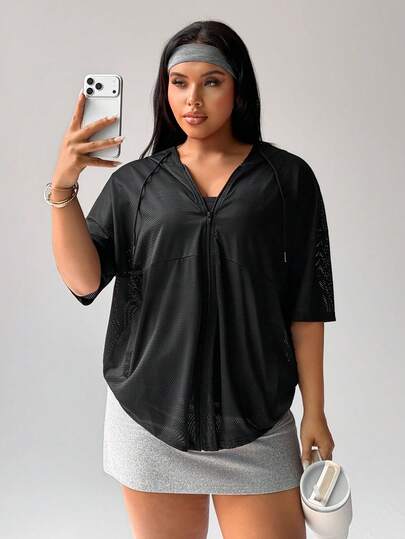 Rhythm Era Áo khoác thể thao nữ cỡ lớn, tay ngắn, màu trơn, có khóa kéo phía trước và dây rút, có mũ trùm đầu.