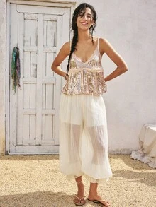 SoleilVie Women's Elegant Sequins Beaded Lace Camisole - Champagne - View 6