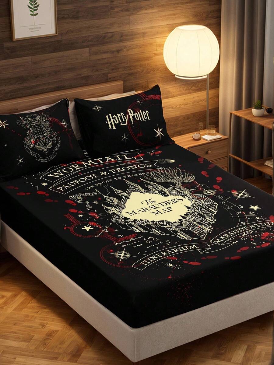 HARRY POTTER X SHEIN Bộ 3 món nệm in kỹ thuật số, mềm mại và ấm áp, thoải mái và thoáng khí, nhiều kích cỡ, phù hợp với giường đơn/giường đôi/giường cỡ Queen/giường cỡ King, có thể giặt máy (1 nệm + 2 vỏ gối) - màu đen - Xem 1