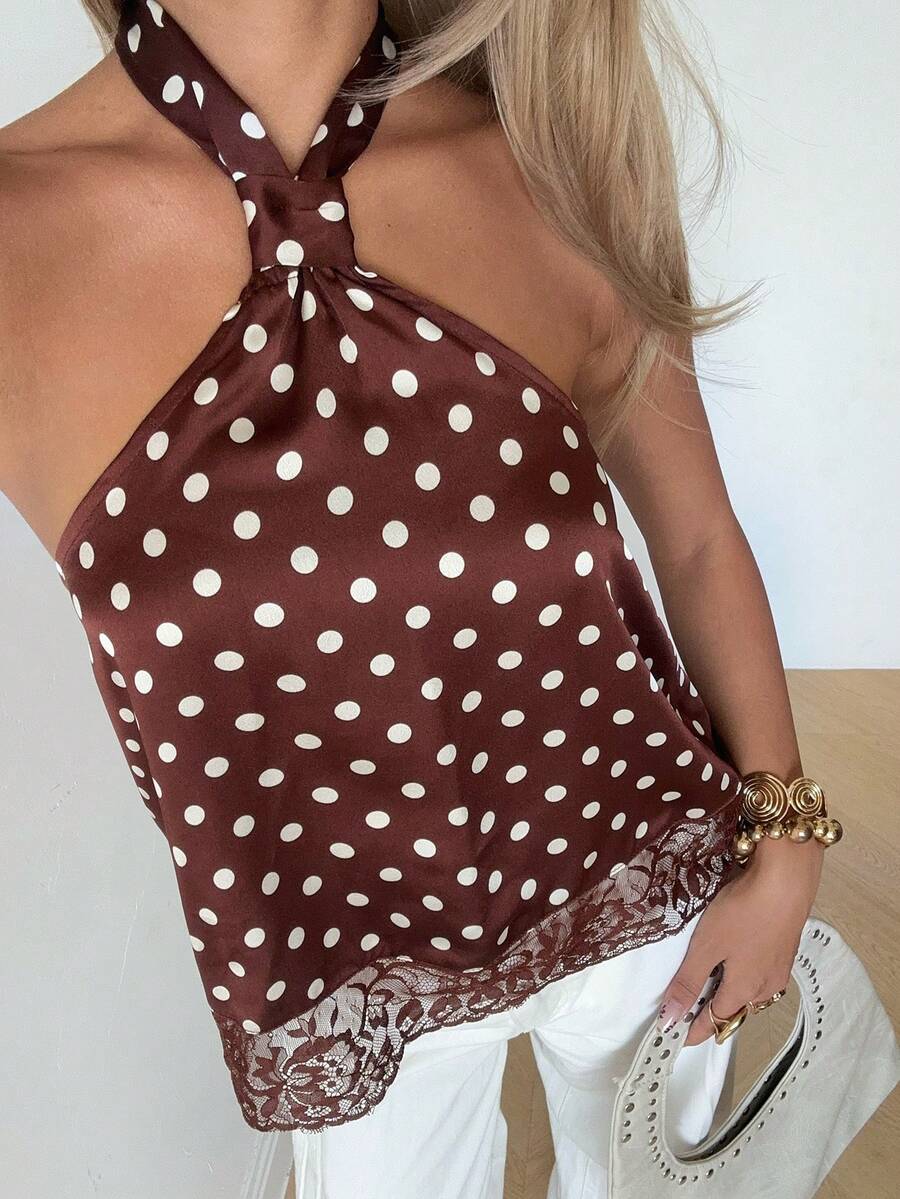SHEIN EZwear Brown Polka Dot Satin Halter Neck Top For Women,Summer Top - Coffee Brown - View 1