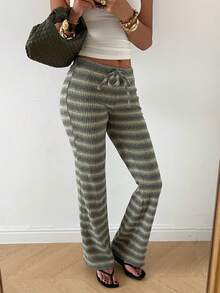 SHEIN EZwear 女士绿色条纹针织系腰裤 - 彩色 - 查看 6