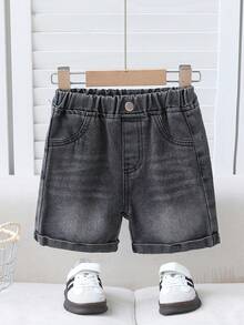 SHEIN Playful Pals 男婴休闲牛仔短裤，夏季新品，黑灰色，宽松版型，全松紧腰带+单扣装饰，无拉链，方便穿脱，宽松设计方便宝宝活动，做旧褪色处理，营造复古休闲感，舒适棉质牛仔面料，适合夏季度假、音乐节、日常出行、上学、聚会、派对、通勤等各种场合。 - 深灰色 - 查看 4
