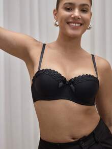 女士休闲黑色面料纯色文胸，撞色蕾丝和蝴蝶结细节，略有弹性 - 黑色 - 查看 5