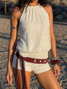 Aloruh Bộ jumpsuit hở lưng gợi cảm, thanh lịch, phong cách Bohemian nghỉ dưỡng, thích hợp cho bãi biển, đám cưới, mùa hè. - Màu be - Xem 2