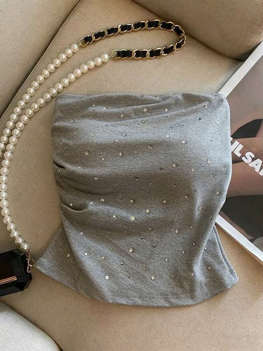 Resyla 女士时尚性感水钻装饰抹胸上衣 - 灰色 - 查看 1