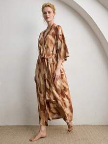 Ocili Comfortable Minimalist Chain Print Cotton Blend Robe With Tie Waist, Women Sleepwear, Chic Autumn - Red - View 6