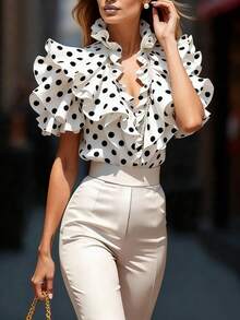 Women's Multi-Layer Ruffle Polka Dot Print Deep V-Neck Blouse - Black and White - View 3