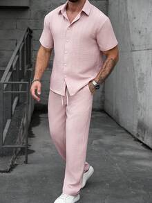 Manfinity CasualCool Men's Mature Casual Embossed Fabric Short Sleeve Shirt And Pants Set Men Outfits 2 Piece Pink Men Outfit Man Clothes Outfit Set Men Coords Outfit Linen Two Piece Set For Men Old Money,Daily Leisure, Weekend Trips, Outdoor Activities, Travel Expeditions, Relaxed Work Environments Or Semi-Formal Occasions, Boyfriend/Husband Gift, Anniversary /Birthday Gift Party Summer Vacation Holiday,Wedding,Spring To Summer,Easter,Y2k,Vintage,Hawaii - Dusty Pink - View 7