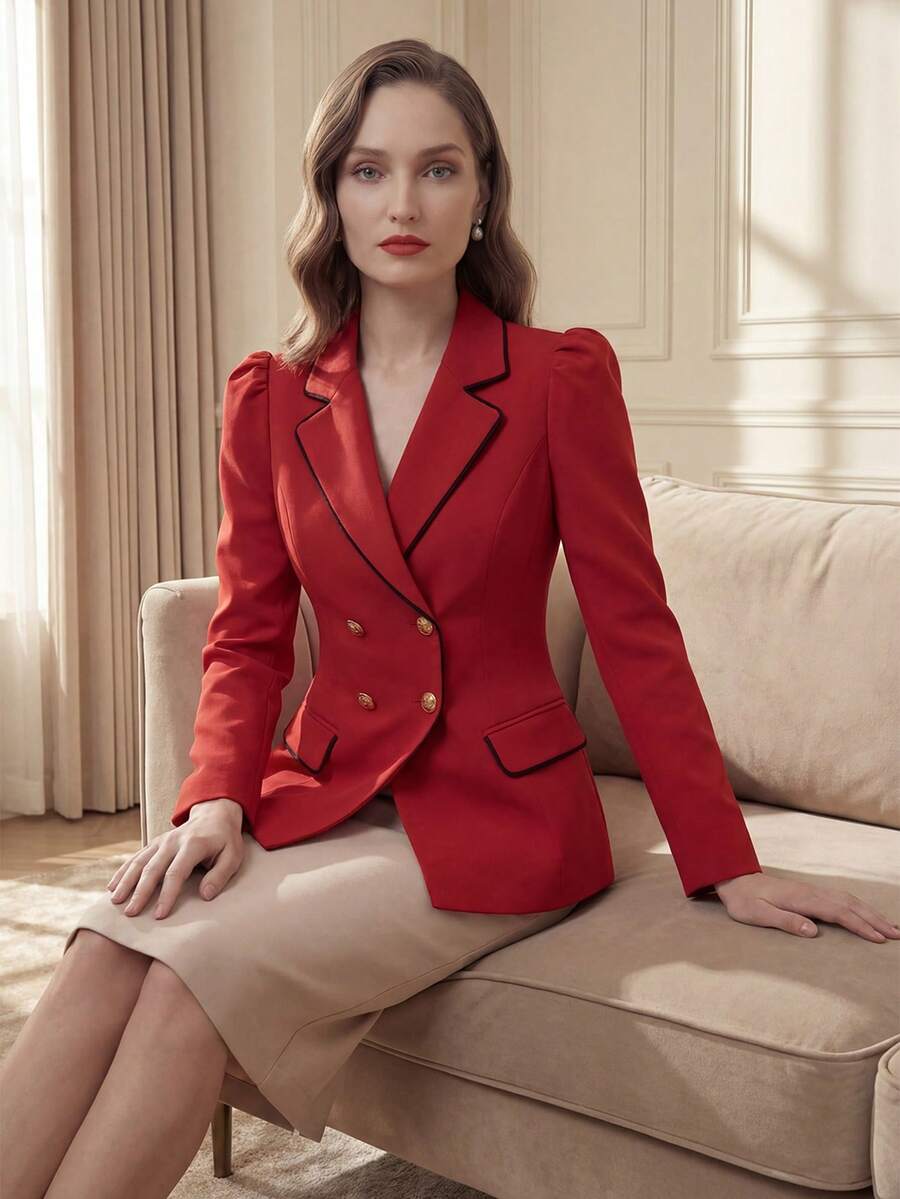 通勤时尚百搭收腰双排扣金属纽扣撞色黑色饰边卡其色女式西装外套，优雅春秋季外套，女士商务休闲装，漂亮女士西装外套 - 紅色 - 查看 1