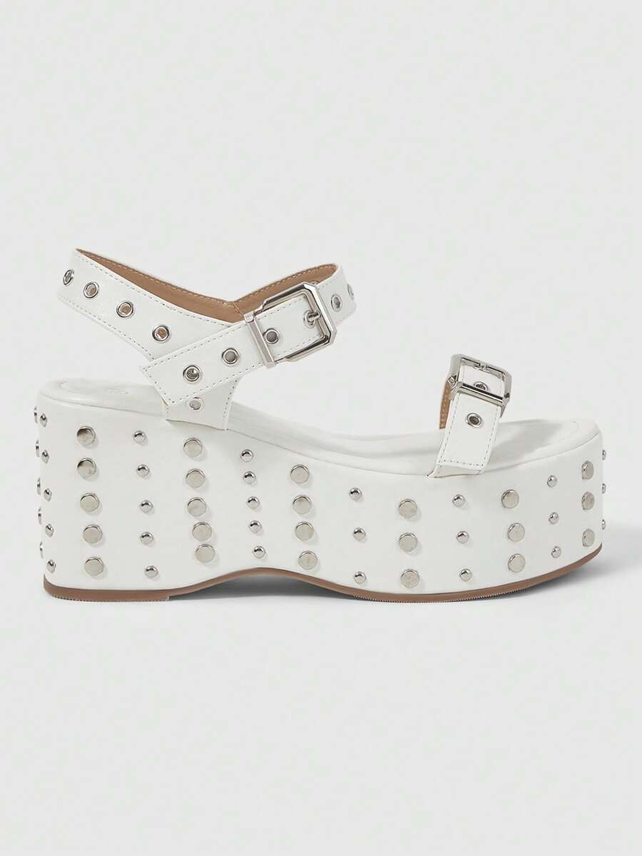 ROMWE Grunge Punk Ladies, Spike Buckles, Lame-Heeled Platform Sandals. - White - View 1
