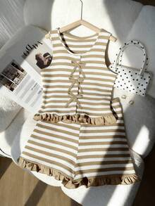 2pcs/Set Striped Bow Tie Sleeveless Crop Top,Ruffle Hem Shorts Set For Teenage Girls,Khaki,Summer,Cute,Matching,Family Vacation Sweet & Spicy Style - Multicolor - View 5