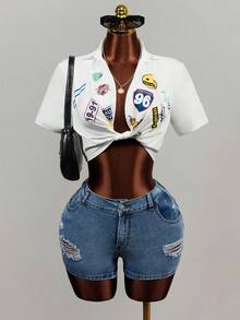 Mistrie Women's Letter & Number Print Casual Versatile Daily Wear Shirt - White - View 3