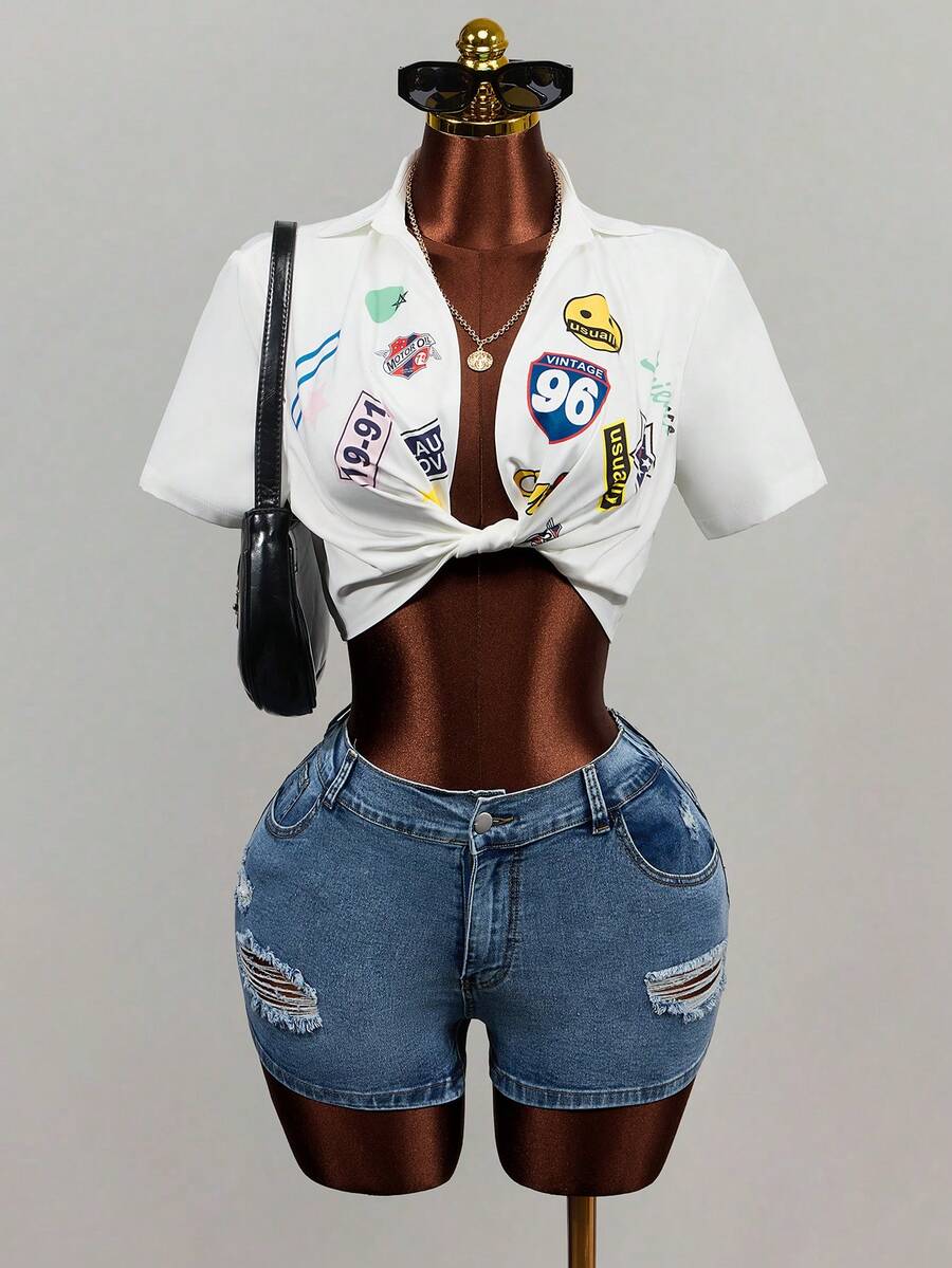 Mistrie Áo sơ mi nữ in chữ và số, kiểu dáng thường ngày, đa năng. - trắng - Xem 1