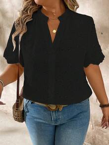 Momelise Plus Size Summer Casual Solid Color Hollow Out Embroidery Notched Neck Short Sleeve Shirt - Black - View 3