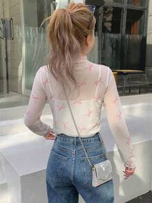 FRIFUL 女士白色网纱衬衫，饰有通体蝴蝶结印花 - 粉色 - 查看 2