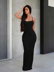 Sirith Váy đen hở lưng dây mảnh màu trơn cho nữ - màu đen - Xem 3