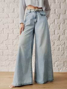 Anewsta Quần ống rộng denim xanh dương thời trang đường phố mới dành cho nữ - Màu xanh lam - Xem 8