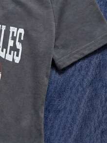 SHEIN 女童休闲二合一街头风T恤，这款T恤采用字母标语和汽车图案印花，露肩短袖设计，适合夏季休闲活动、购物和拍照。 - 灰色 - 查看 6