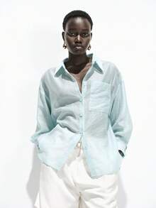 Lumivelle 女士休闲透视口袋衬衫，适合通勤、休闲和度假，春夏款 - 藍色 - 查看 3