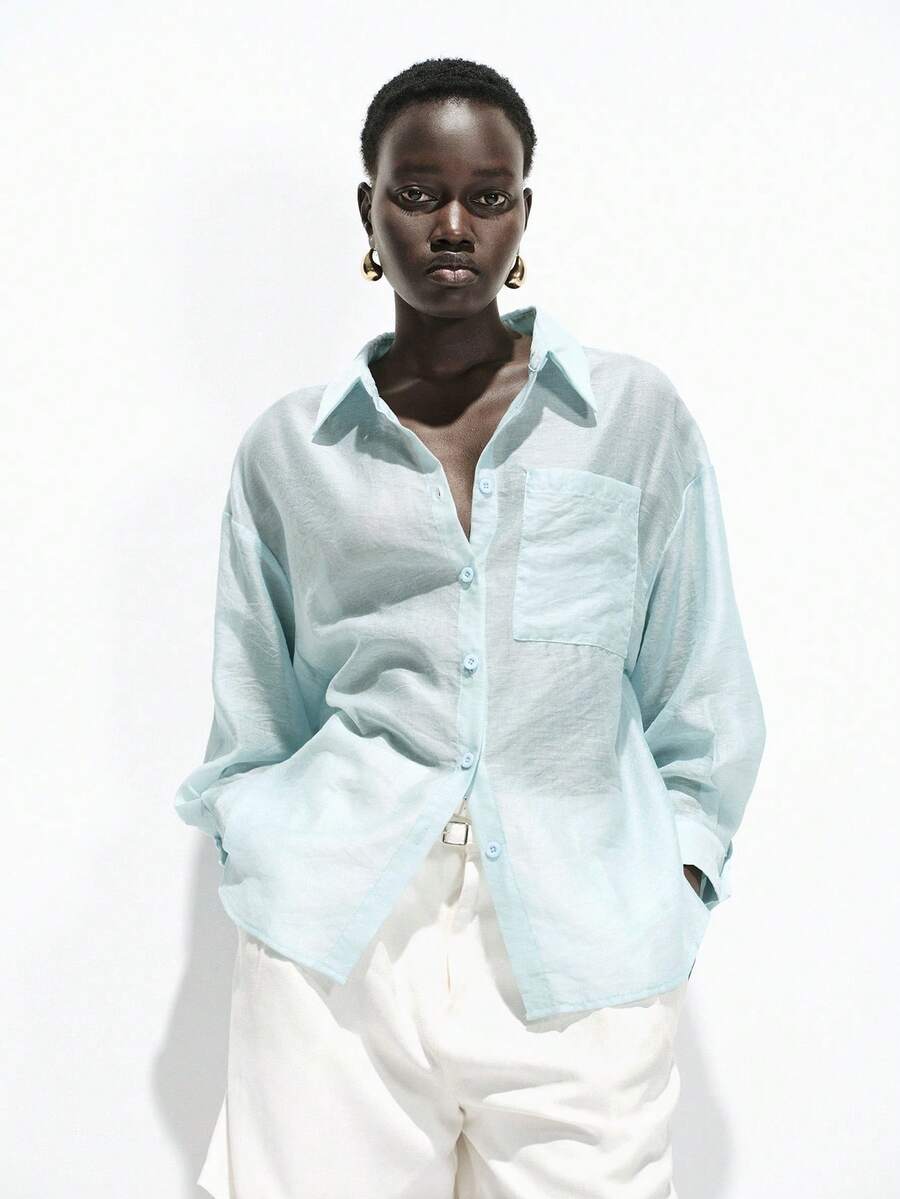 Lumivelle Camisa transparente casual con bolsillo para mujer, adecuada para ir al trabajo, ocio y vacaciones, primavera/verano - Azul - Ver 1