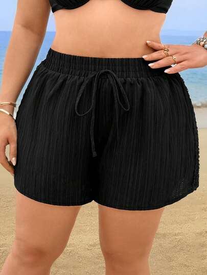 Swim Lushoire 2026 New Plus Size Women Black Floral Trim Tie Waist Casual Beach Shorts & Cover Up