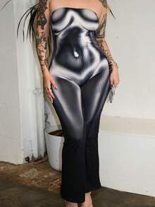 Arliah Body Graphic Print 性感街头风无袖连体裤 - 黑與白 - 查看 5