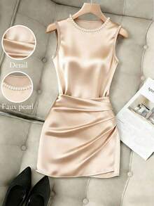 Balvessa Đầm mini nữ thời trang mới, cổ tròn, không tay, xếp ly, ôm sát, bất đối xứng, gợi cảm, chất liệu satin, thích hợp mặc đi làm, công sở, đa năng, phong cách thường ngày, trang phục chuyên nghiệp cho giáo viên thành thị. - Vàng - Xem 3