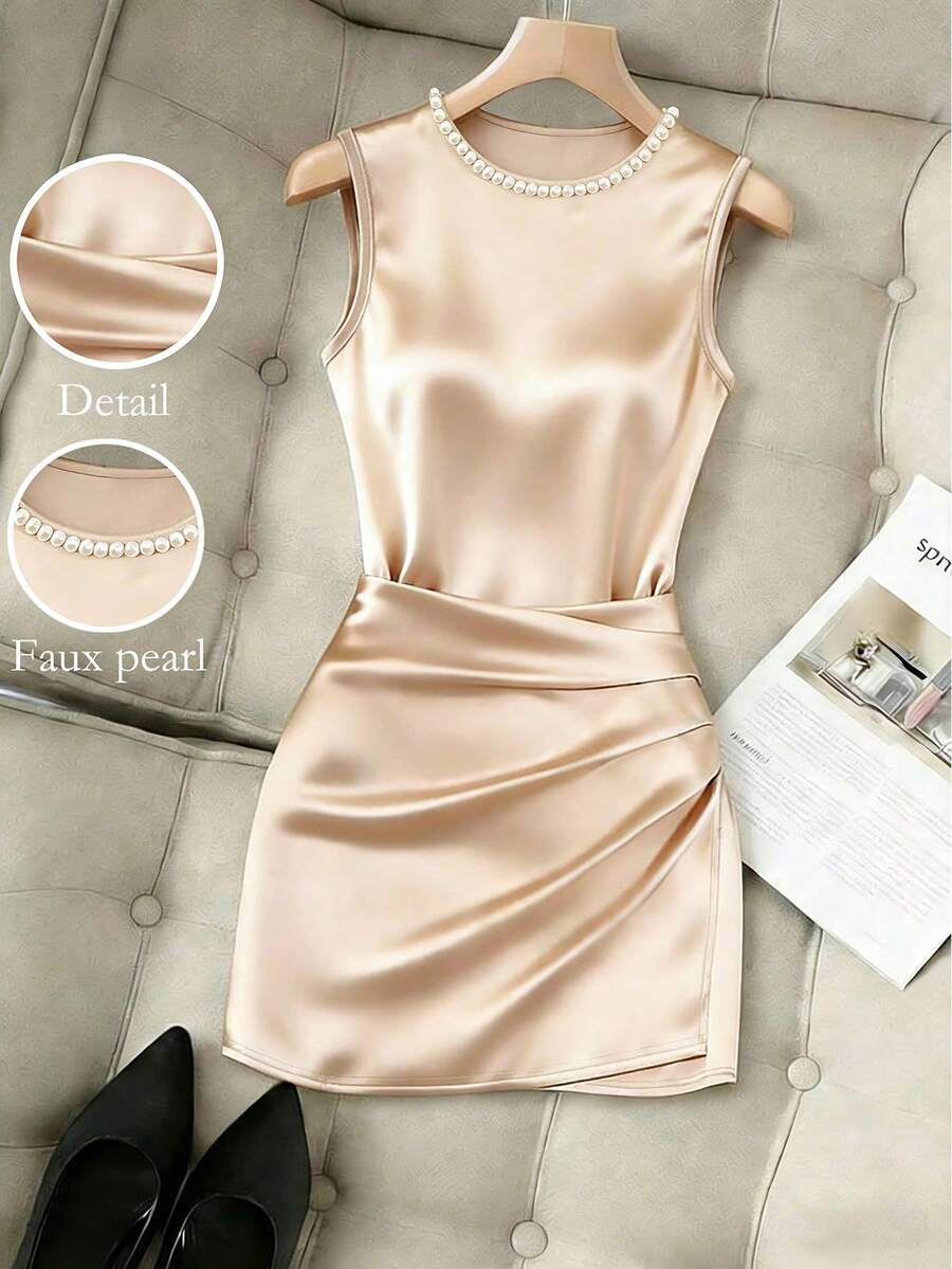 Balvessa Đầm mini nữ thời trang mới, cổ tròn, không tay, xếp ly, ôm sát, bất đối xứng, gợi cảm, chất liệu satin, thích hợp mặc đi làm, công sở, đa năng, phong cách thường ngày, trang phục chuyên nghiệp cho giáo viên thành thị. - Vàng - Xem 1