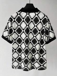 Manfinity CasualCool 男士夏季休闲度假风格撞色印花V领短袖透气网眼上衣 - 黑色 - 查看 2