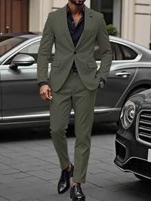 Manfinity Mode Conjunto de traje de negocios para hombres con blazer de manga larga con cuello de solapa y pantalones. Traje verde, blazer verde, traje verde oliva para hombres. Un gran regalo para un novio o esposo. - Verde militar - Ver 8