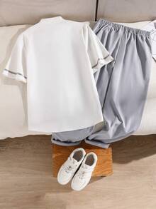 两件套青少年男士绅士套装，白色衬衫+灰色长裤，绅士西装，商务优雅，适合学校、生日派对、休闲等场合，简约风格 - 白色 - 查看 3