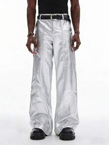 STYNVO Men's PU Leather Pocket Loose Fit Wide Leg Pants Silver Pants Flare Pants Metallic Pants Reflective Pants Rave Pants - Silver - View 5