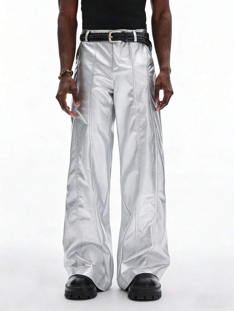 STYNVO 男士PU皮革口袋宽松阔腿裤 - 銀色 - 查看 5