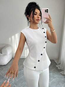 Elenzga Áo sơ mi không tay thanh lịch có bèo nhún, cài nút, kiểu dáng sang trọng, thích hợp mặc thường ngày, công sở, mùa xuân/hè. - trắng - Xem 4