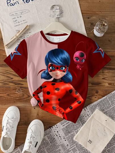Miraculous Ladybug X SHEIN 少女休闲撞色卡通印花T恤，夏季