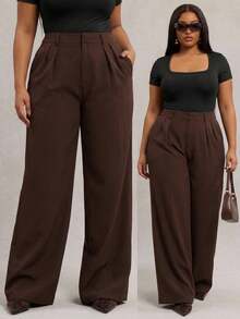 SHEIN CURVE+ Plus Size Women Solid Color Pleated Wide Leg Loose Pants - Coffee Brown - View 6