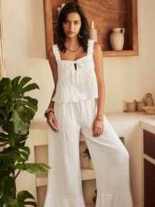 Women's Bohemian Spaghetti Strap Tank Top And Wide Leg Pants Pajama Set, Spring/Summer - White - View 4