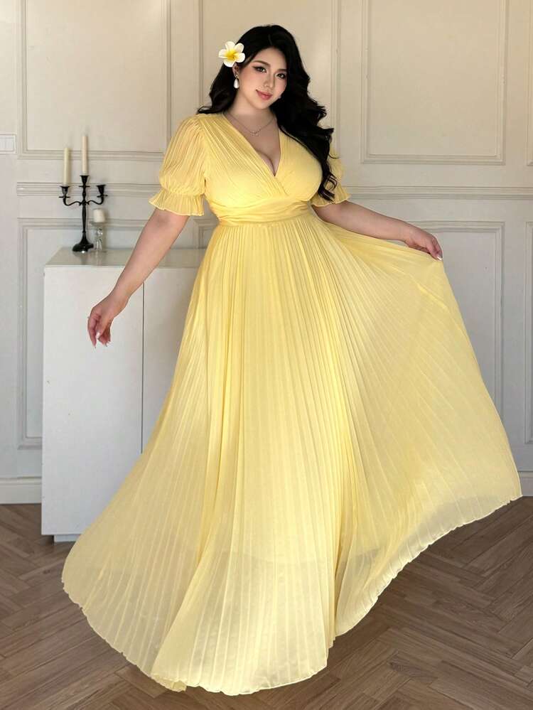 Vibekara Vestido de verano de unicolor amarillo de manga corta para mujer de talla grande, elegante, de estilo princesa francés, con pliegues, volantes y línea A, para vacaciones, boda, dama de honor, fiesta y uso casual - Amarillo - Añade 4