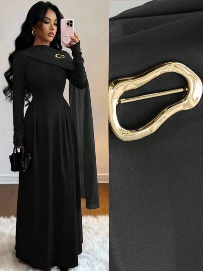 Rafferiza 优雅都市时尚雪纺拼接高领长袖A字连衣裙，饰有金属胸针，适合毕业派对、节日、假期、约会、婚礼招待会、秋冬季等场合。