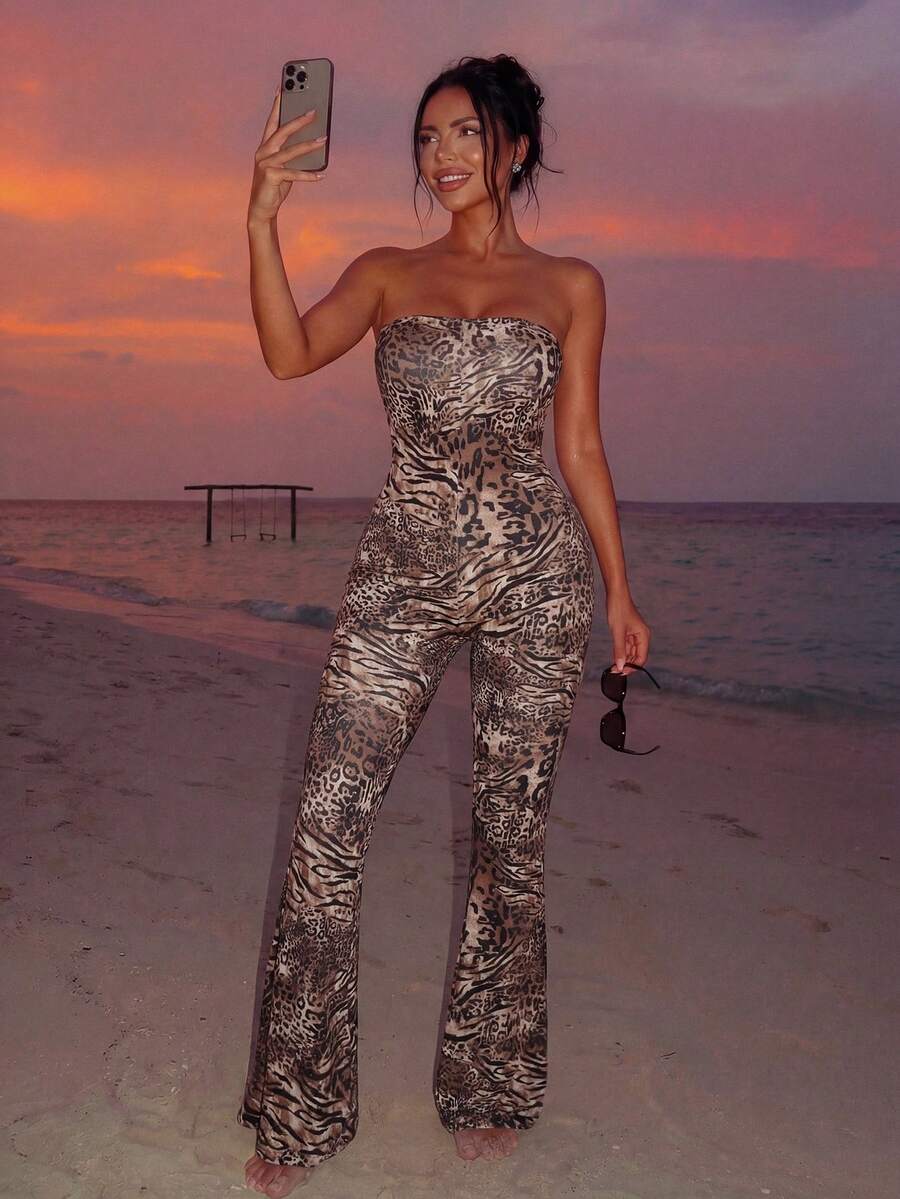 Sirith Women's Casual Leopard & Zebra Print Tube Top Jumpsuit Flare Pants For Daily Wear & Dates - Multicolor - View 1